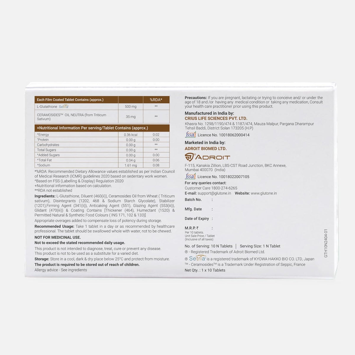 Glutone Hydra Setria Glutathione with Ceramosides Tablets - 10 Pack - Image 2