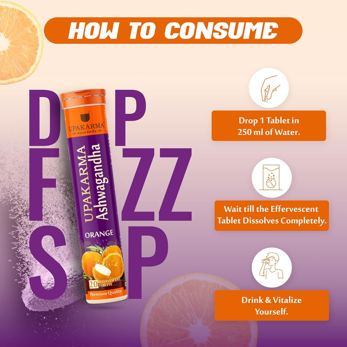 Upakarma Ashwagandha Effervescent Tablets - Orange Flavour - 20 Tablets - Image 7