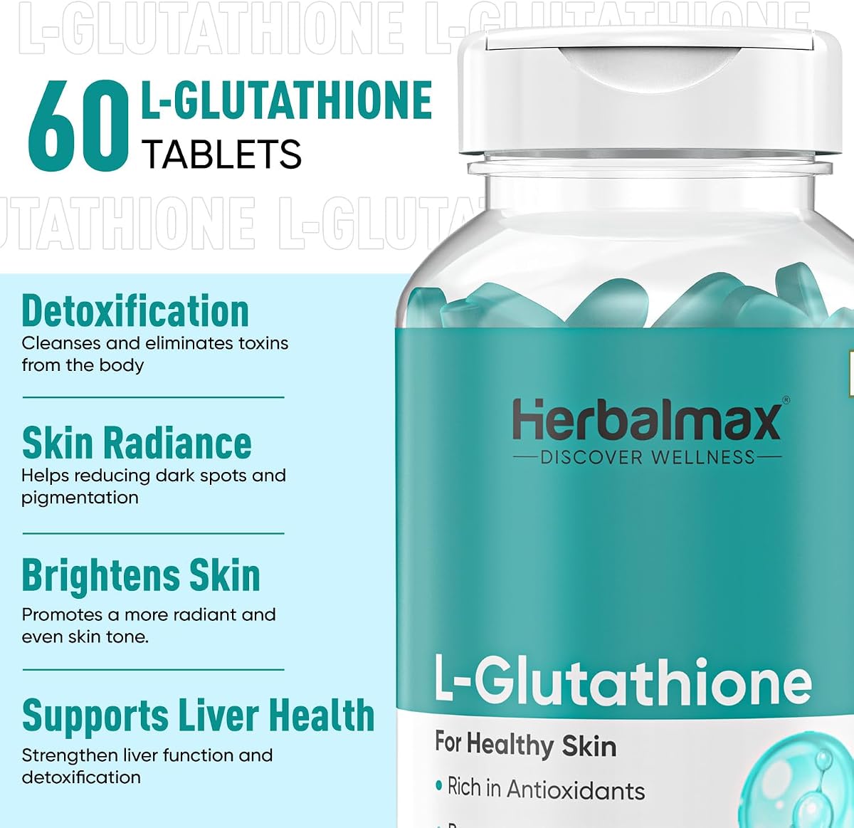 Herbal Max L-Glutathione 100 mg Tablets - Plant-Based Beauty Supplement - 60 Count - Image 3