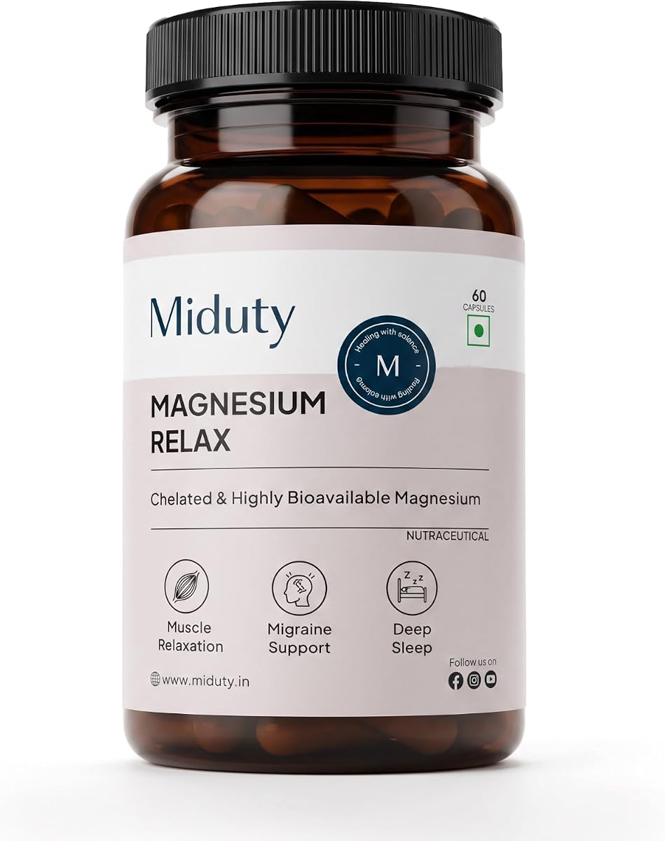 Miduty Chelated Magnesium Bisglycinate with Vitamin B6 - High Absorption 60 Veg Capsules