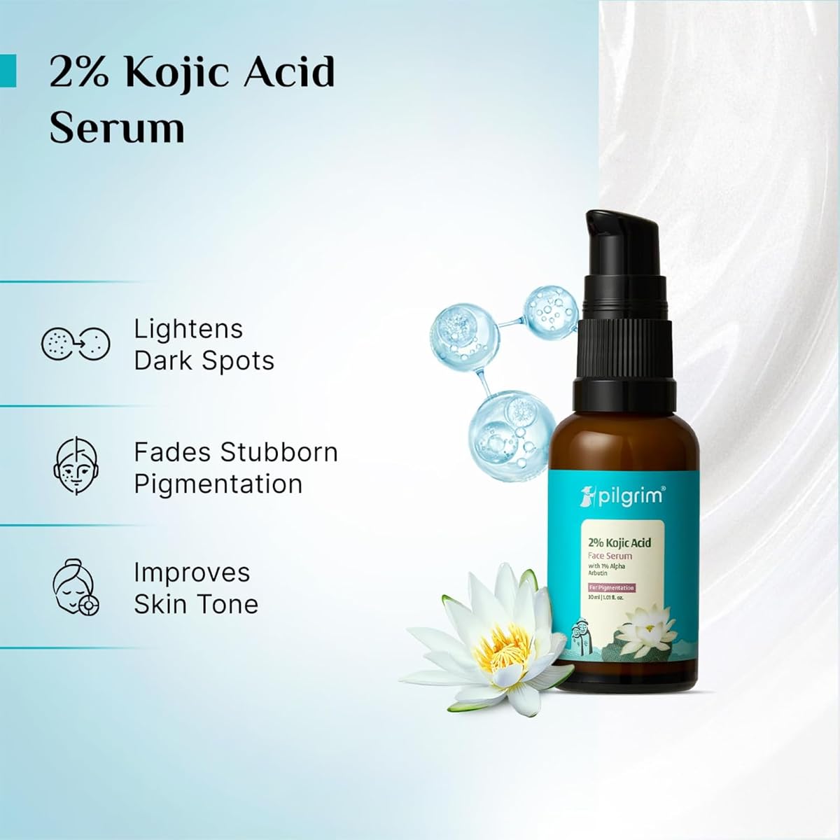 Pilgrim 2% Kojic Acid Face Serum - With 1% Alpha Arbutin & Korean White Lotus - 30ml - Image 3