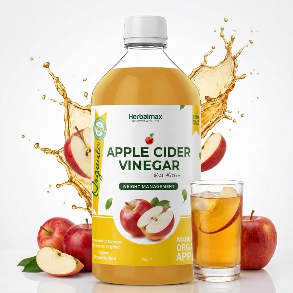 Herbal Max Unfiltered Apple Cider Vinegar - Raw, With The Mother - 450mL