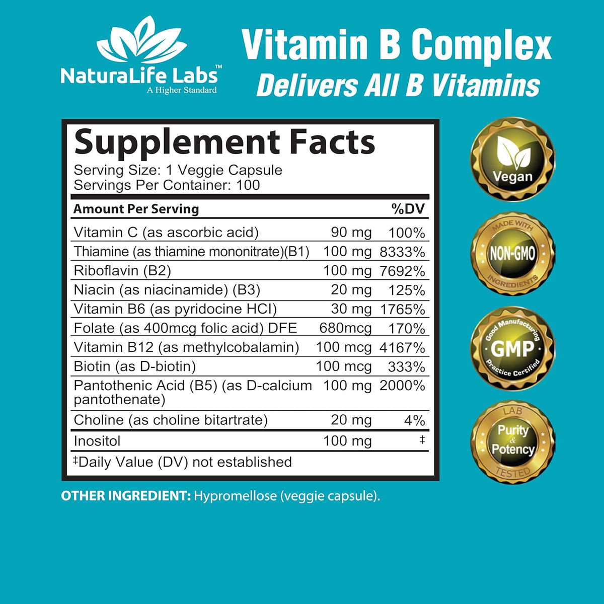 Naturalife Labs Vitamin B-Complex Capsules - 100 Count - Image 2