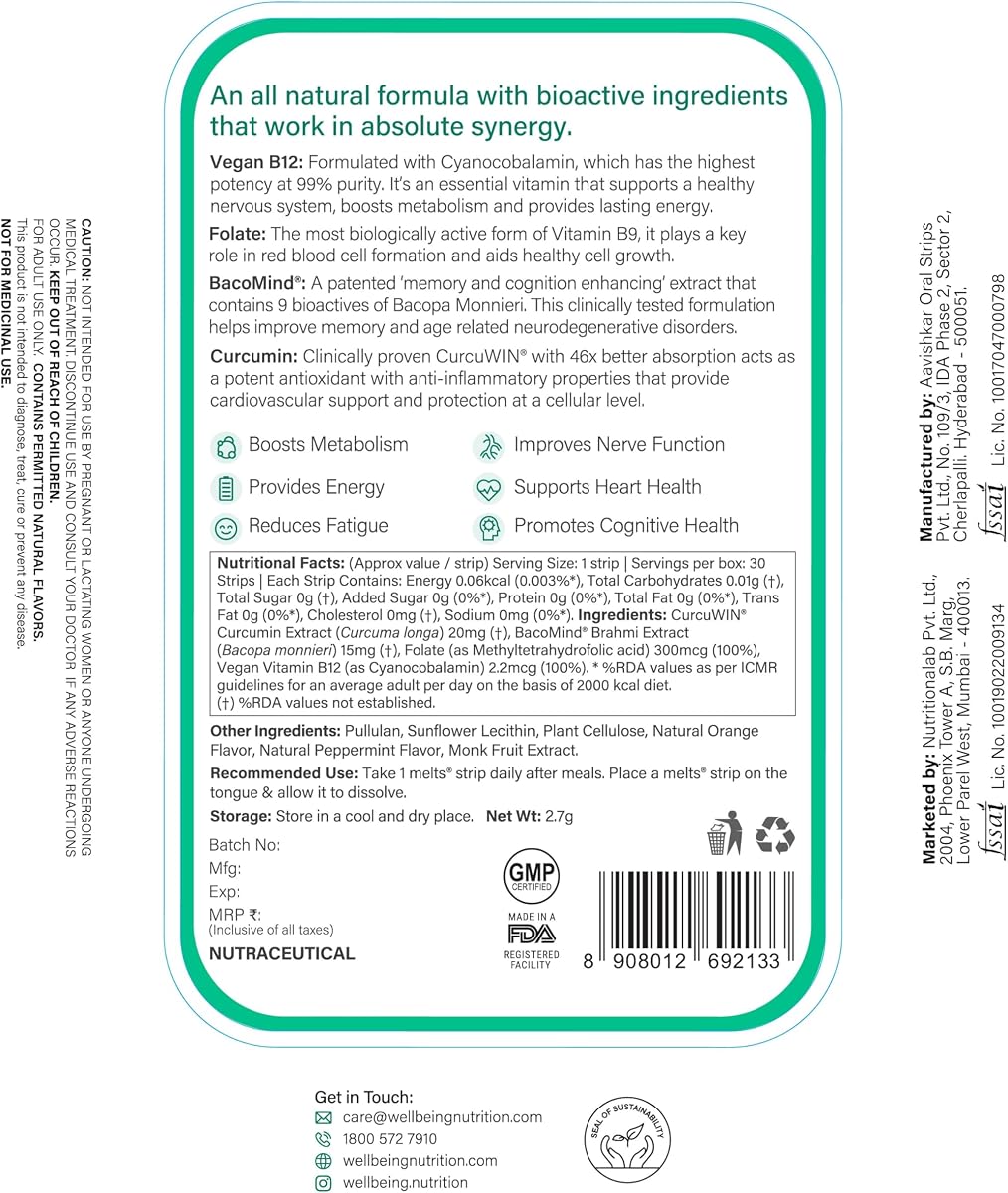 Wellbeing Nutrition Vegan Vitamin B12 Oral Thin Strips - Methylcobalamin & CurcuWIN, 30 Strips - Image 7