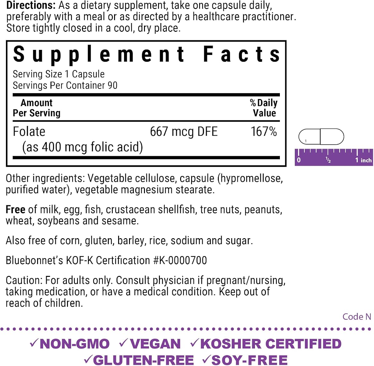 Bluebonnet Folic Acid 400 mcg - Vegan, Prenatal Health, 90 Capsules - Image 2
