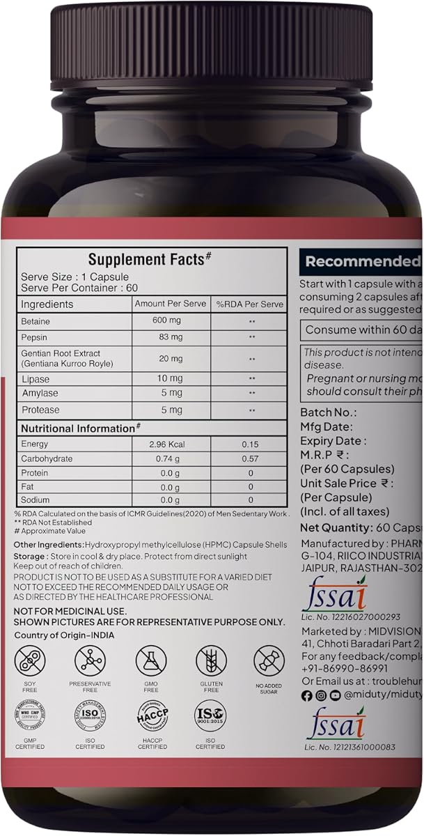Miduty Betaine HCl + Pepsin - Digestive Health Support - 60 Capsules - Image 2