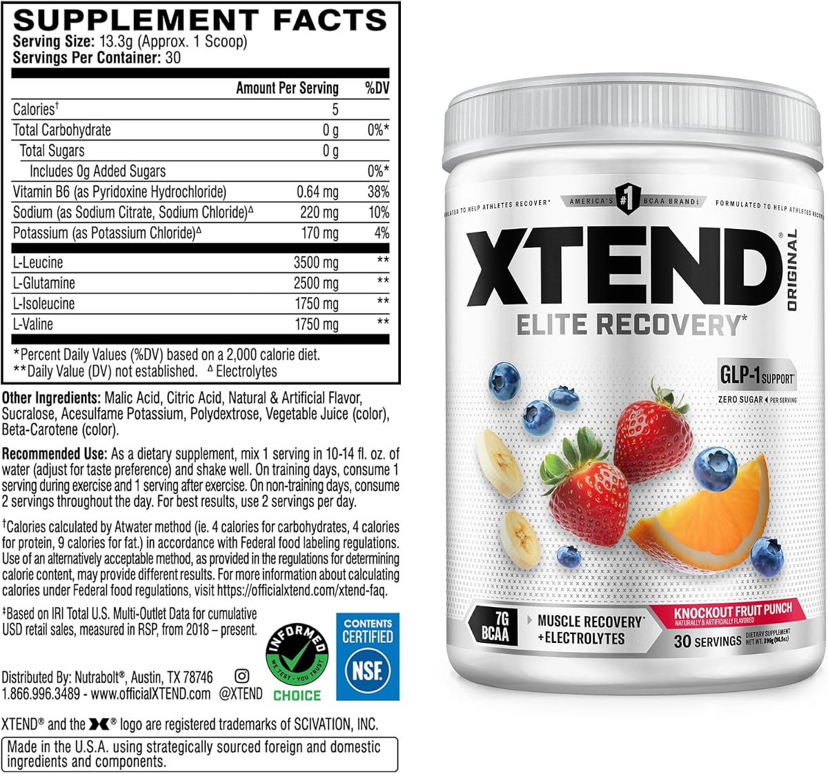 XTEND Original BCAA Powder - Knockout Fruit Punch Flavour, 30 Servings - Image 2