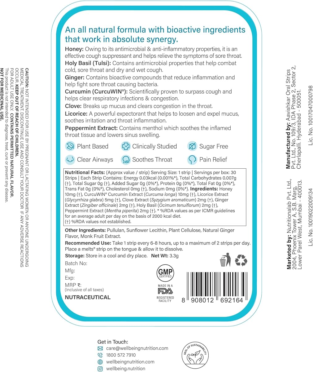 Wellbeing Nutrition Melts Throat Relief with Tulsi - 30 Oral Strips - Image 7