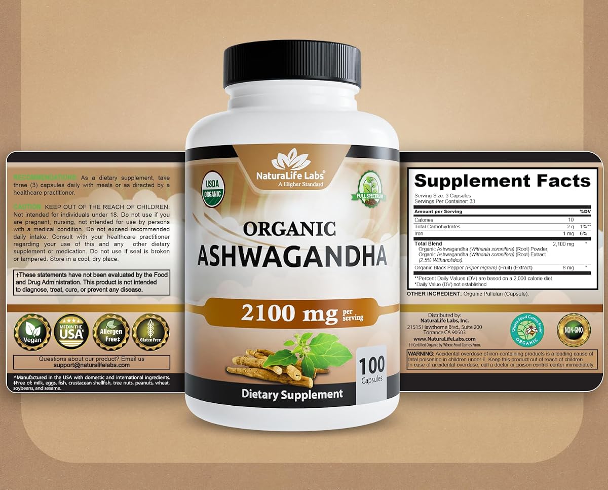 Naturalife Labs Organic Ashwagandha 2100mg - Vegan Capsules, 100 Count - Image 8