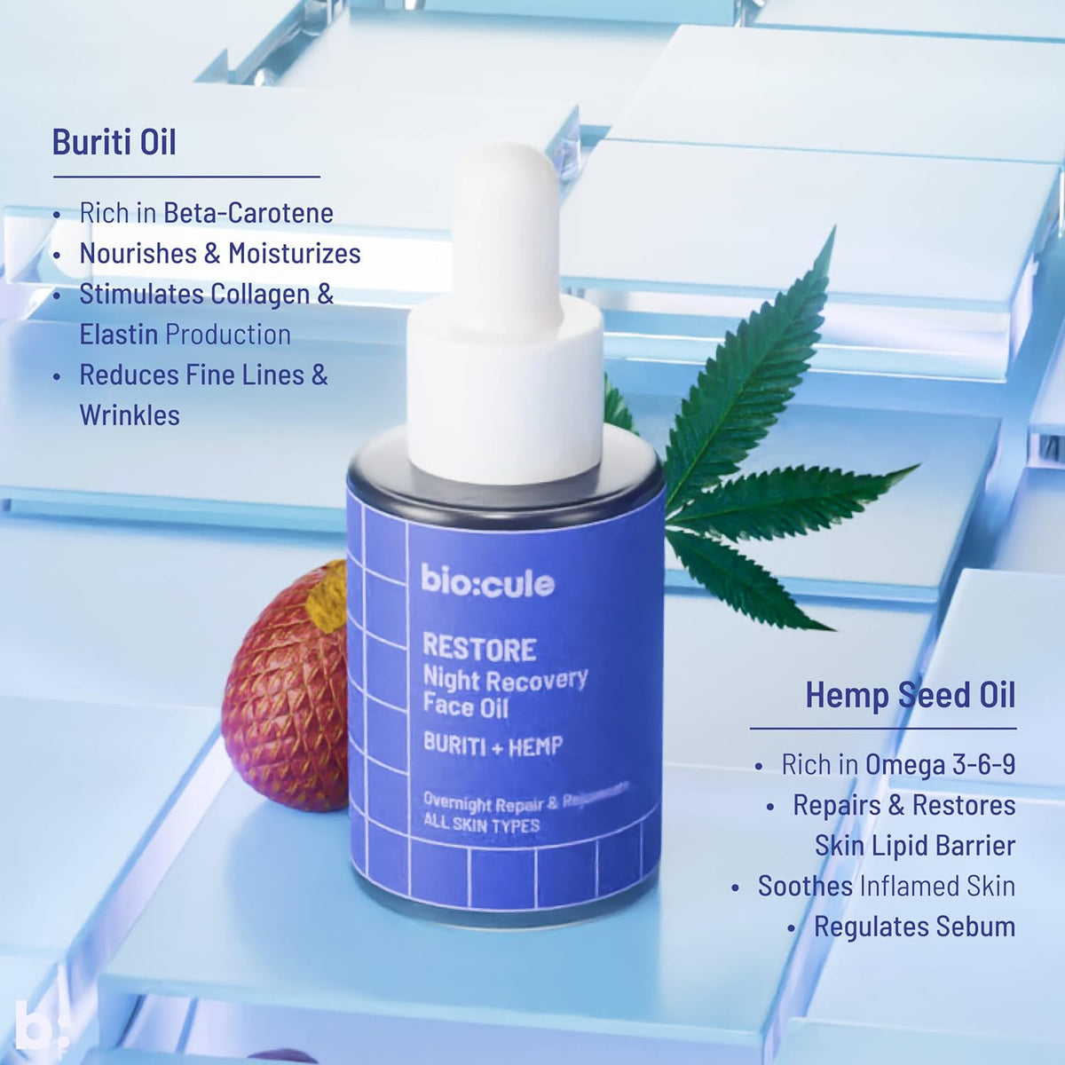Biocule Restore Night Recovery Face Oil with Buriti & Hemp - 30ml - Image 8