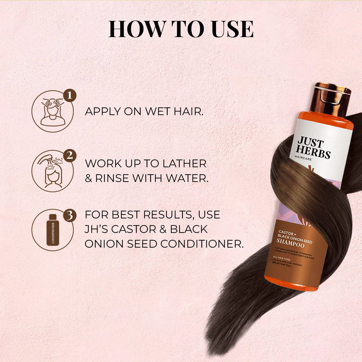 Just Herbs Castor & Black Onion Seed Shampoo - 200ml - Image 3