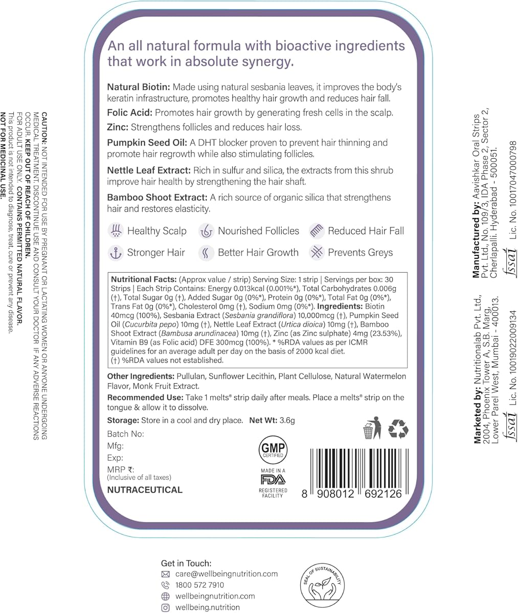 Wellbeing Nutrition Healthy Hair Vitamin - Plant Based Biotin, 30 Oral Strips - Image 6