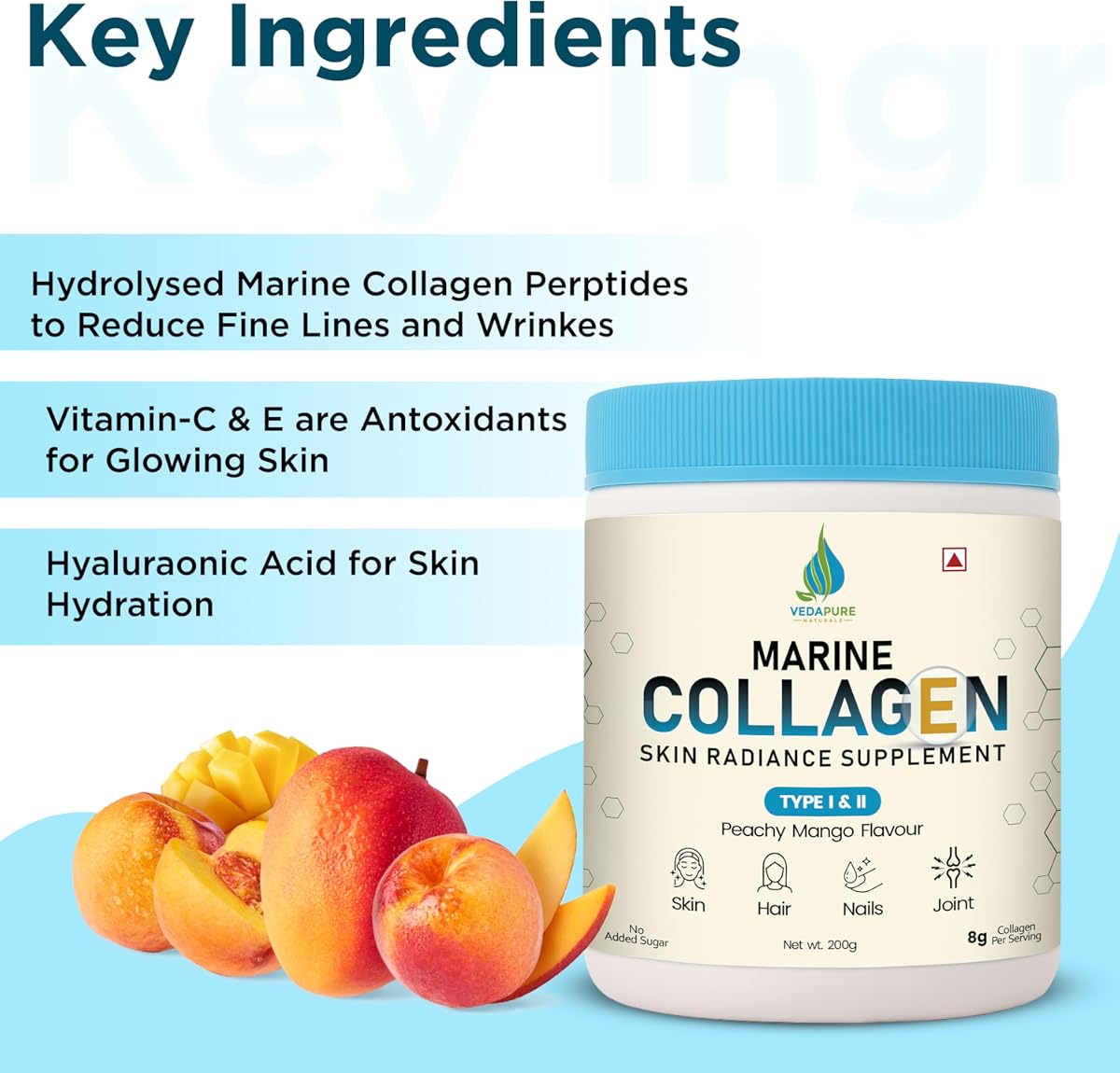 Vedapure Marine Collagen Skin Radiance Supplement - Peachy Mango - 200g - Image 3