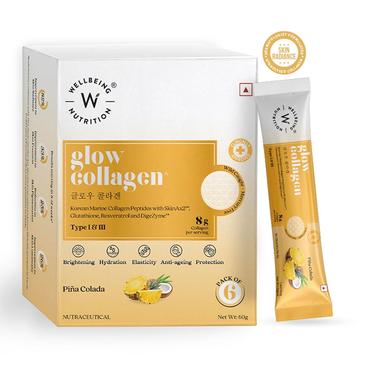 Wellbeing Nutrition Glow Korean Marine Collagen, Pina Colada - 6 Sachets