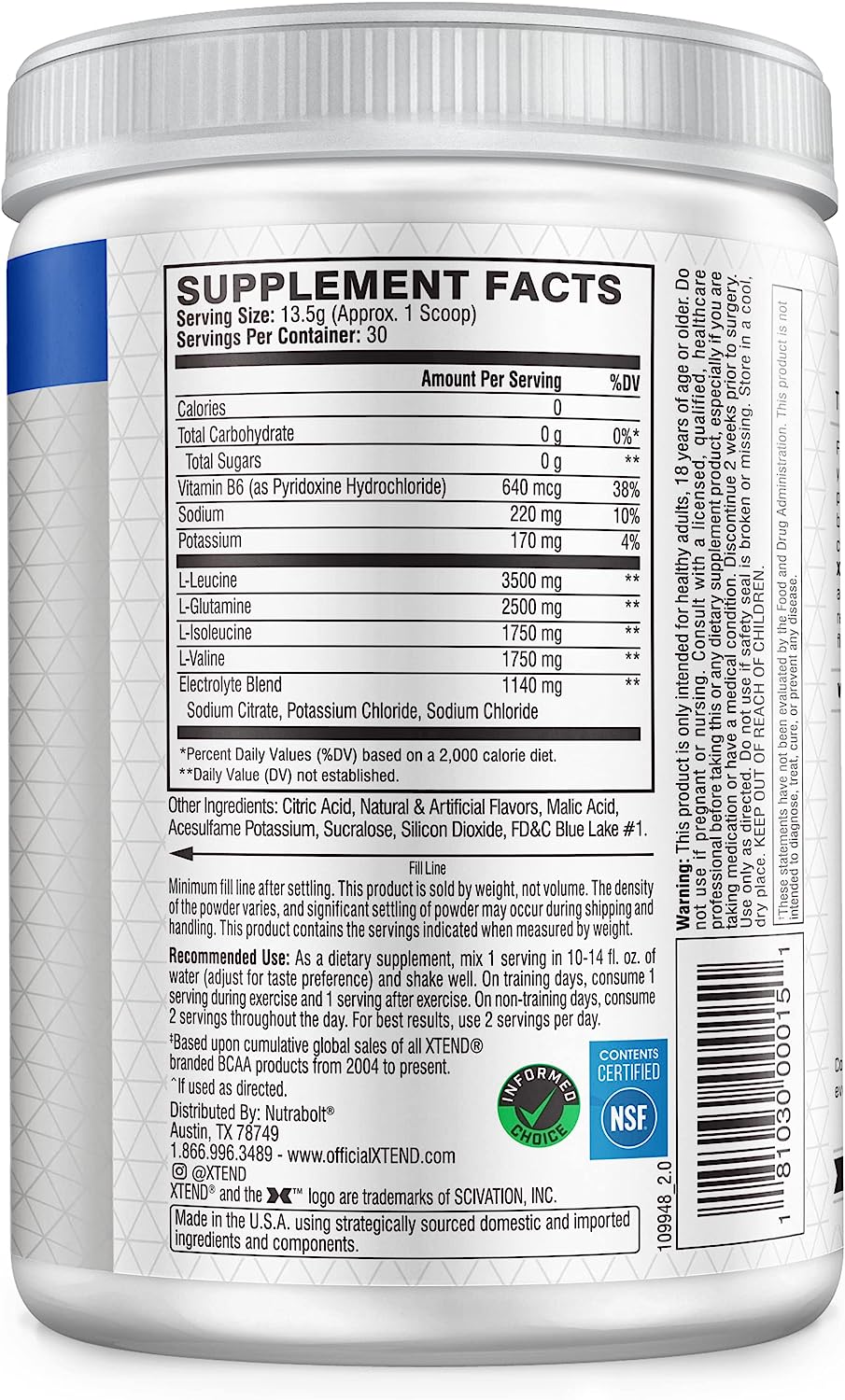 XTEND Original BCAA Powder - Blue Raspberry Ice, 7g BCAAs, 30 Servings - Image 2