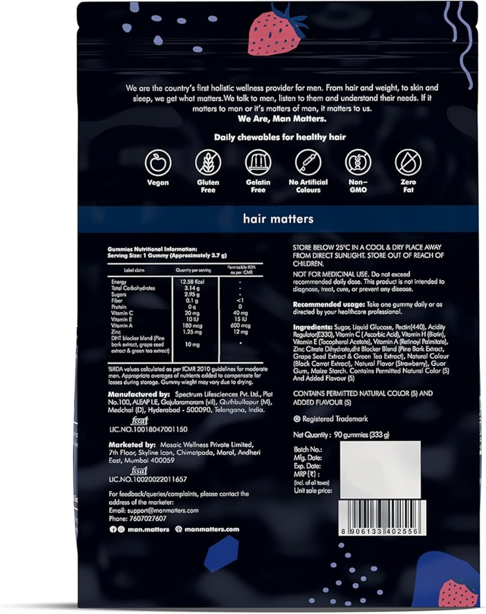 Man Matters Biotin Hair Gummies with DHT Blockers - 100% Vegan - 90 Gummies - Image 6