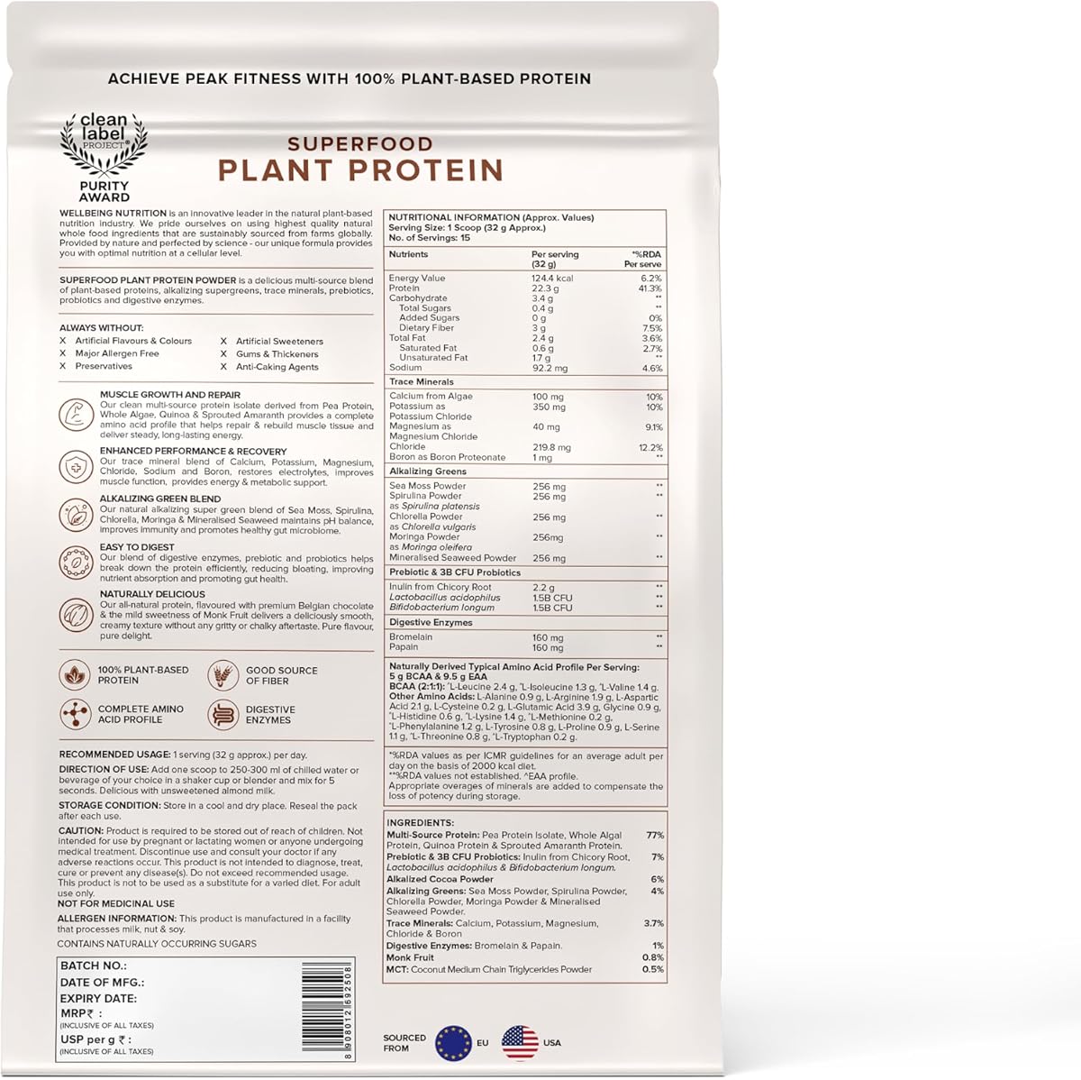 Wellbeing Nutrition Organic Plant Protein Powder - Dark Chocolate Hazelnut, 500g - Image 2