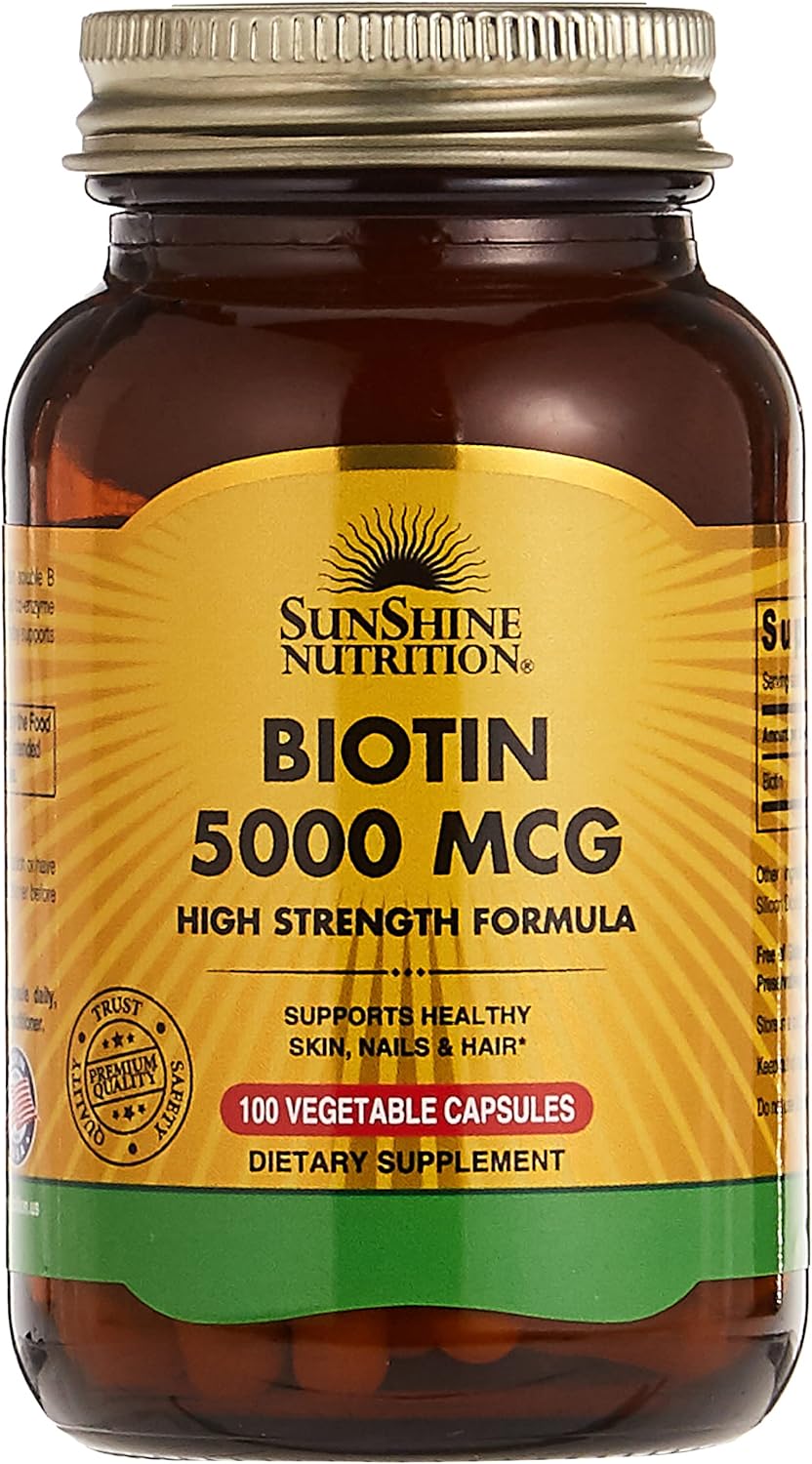 Sunshine Nutrition Biotin 5000 Mcg High Strength Capsules, 100 Count