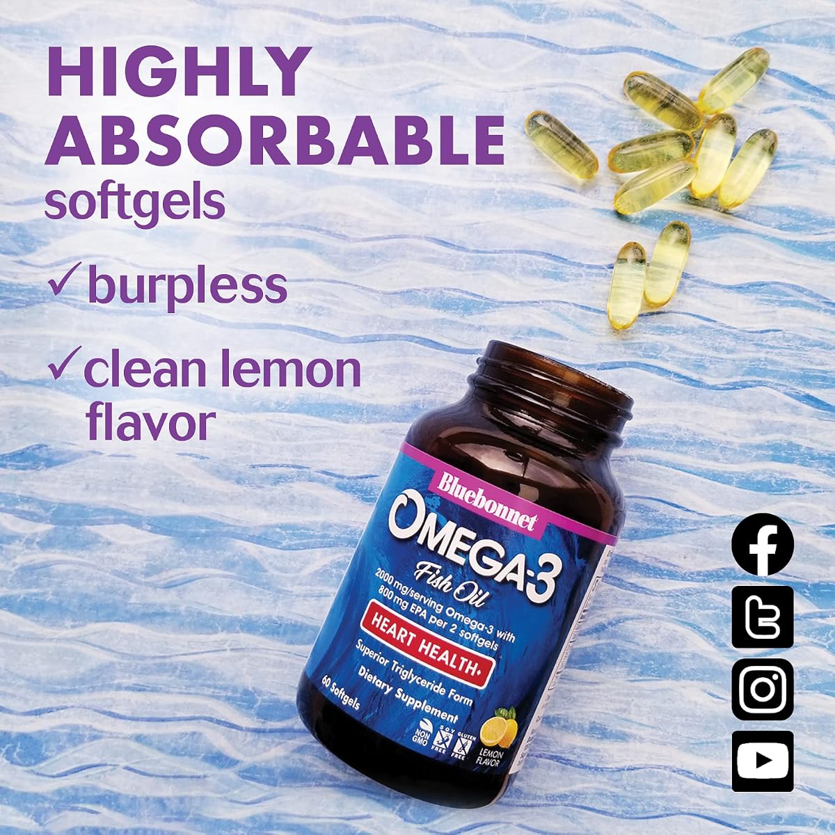 BlueBonnet Nutrition Omega-3 Heart Formula - DHA 600 mg EPA 800 mg, 60 Softgels - Image 4