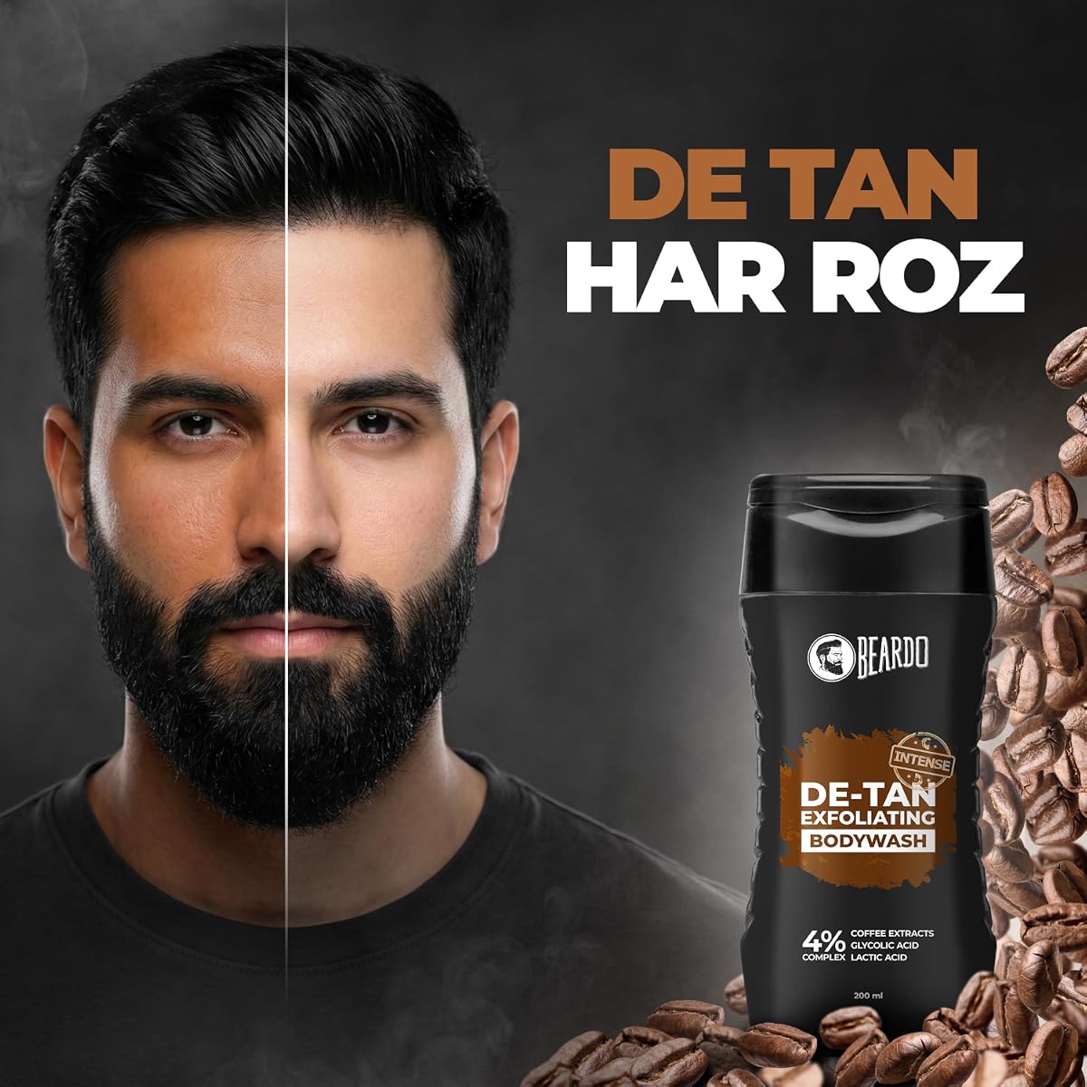 Beardo Detan Exfoliating Body Wash - 4% Glycolic & Lactic Acid, Coffee Extracts - 200ml - Image 2