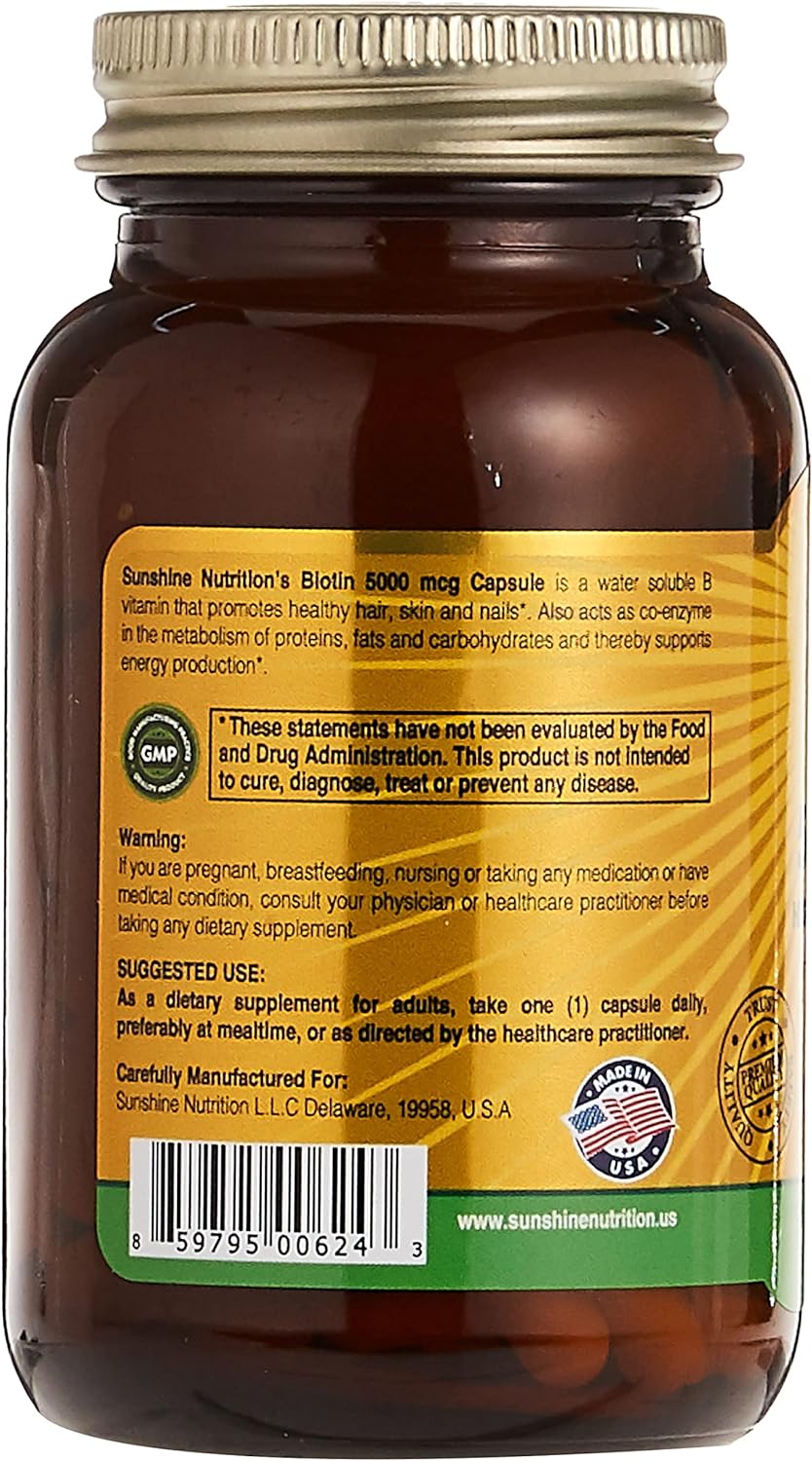 Sunshine Nutrition Biotin 5000 Mcg High Strength Capsules, 100 Count - Image 3