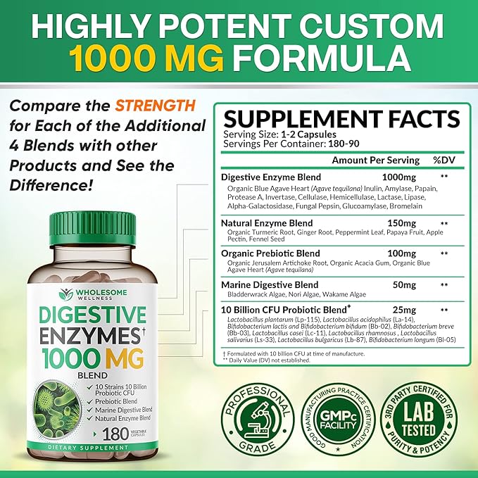 Wholesome Digestive Enzymes 1000MG with Probiotics & Prebiotics, 180 Capsules - Image 4