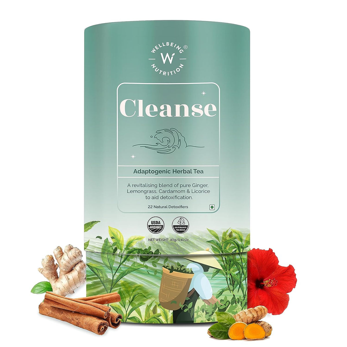 Wellbeing Nutrition Cleanse Tea - Herbal & Ayurvedic - 20 Pyramid Bags