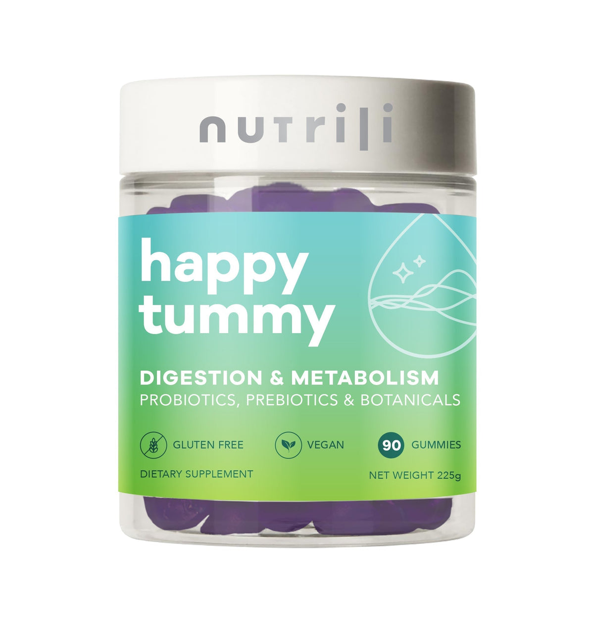 Nutrilli Happy Tummy Vitamin Gummies - 60 Vegan Gummies for Gut Health & Probiotics