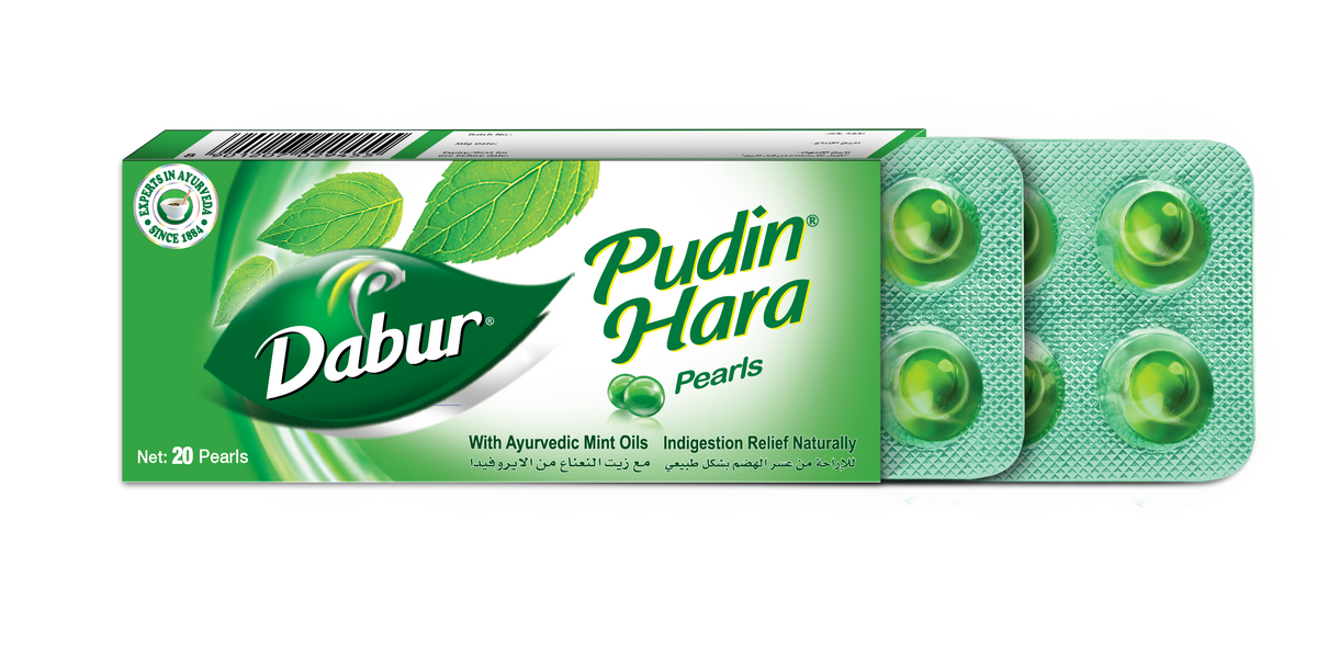 Dabur Pudin Hara Pearls for Gut Health - Peppermint & Spearmint Oils, 20 Pack