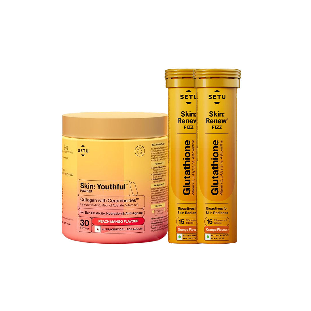 SETU Skin Rejuvenation Combo: Marine Collagen Powder Peach Mango flavor 300g + Glutathione Tablets