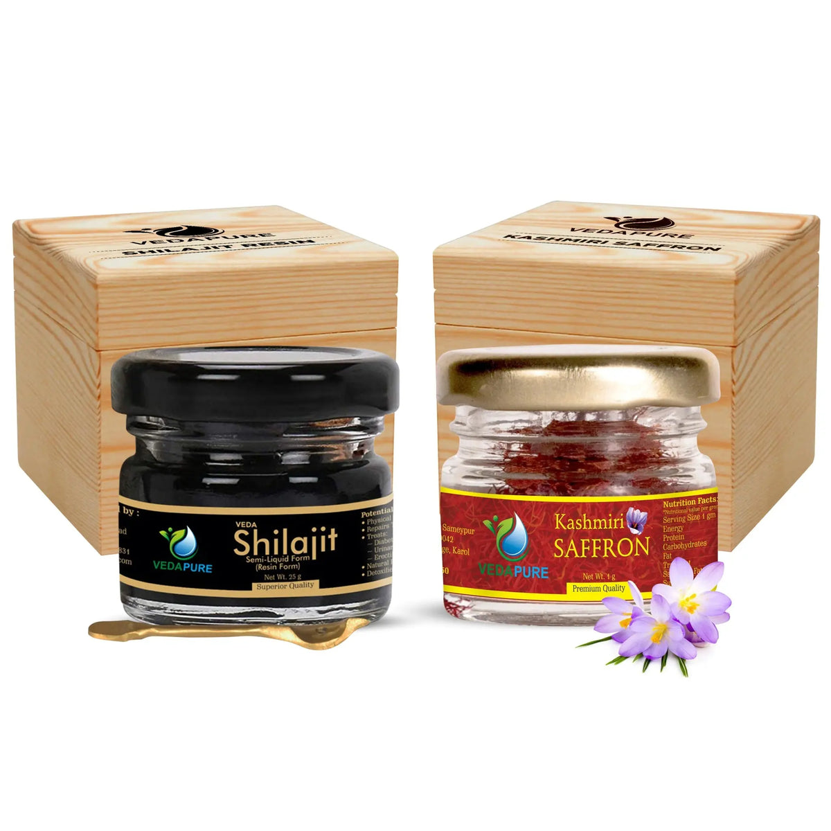 عبوة فيدابيور (Vedapure) المجمعة: 25 جرام من راتنج شيلاجيت (Shilajit) الطبيعي والنقي، مع 1 جرام من زعفران كشمير (Kashmir Kesar)