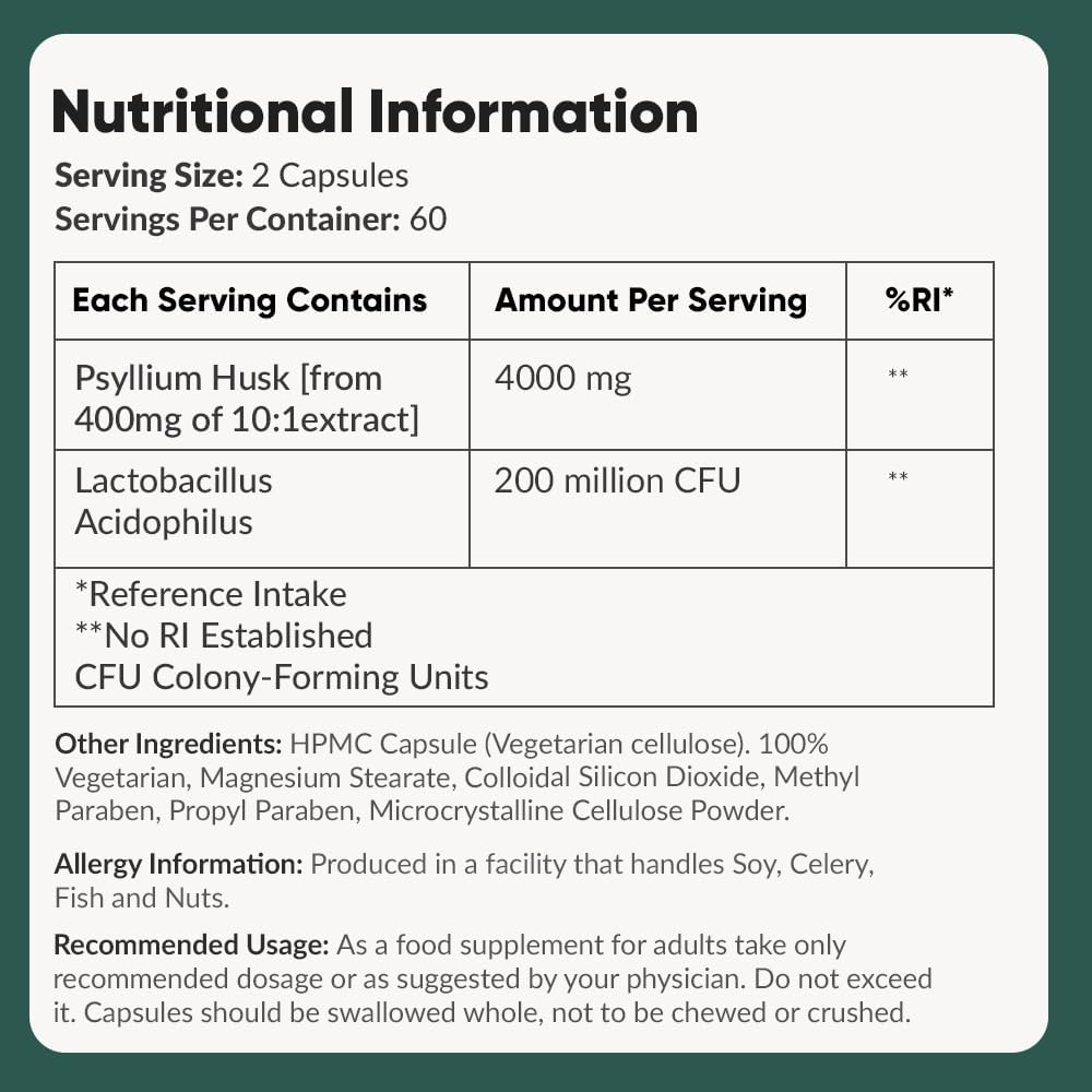Ambrosial Psyllium Husk with Probiotics - 4000mg, Vegan - 120 Capsules