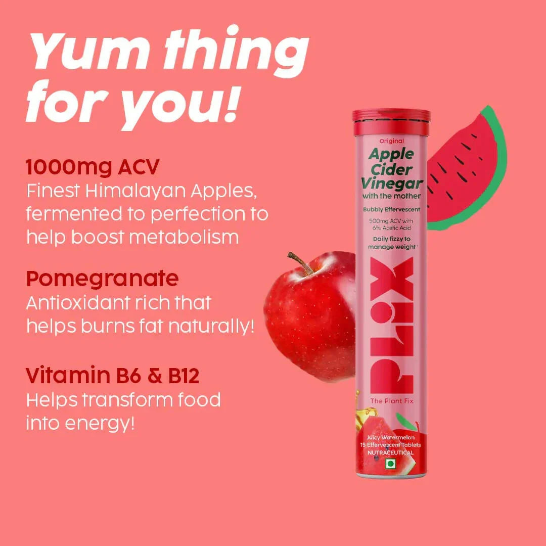 Plix Apple Cider Vinegar Juicy Watermelon Effervescent Tablets - Weight Management - 15 Count - Image 2