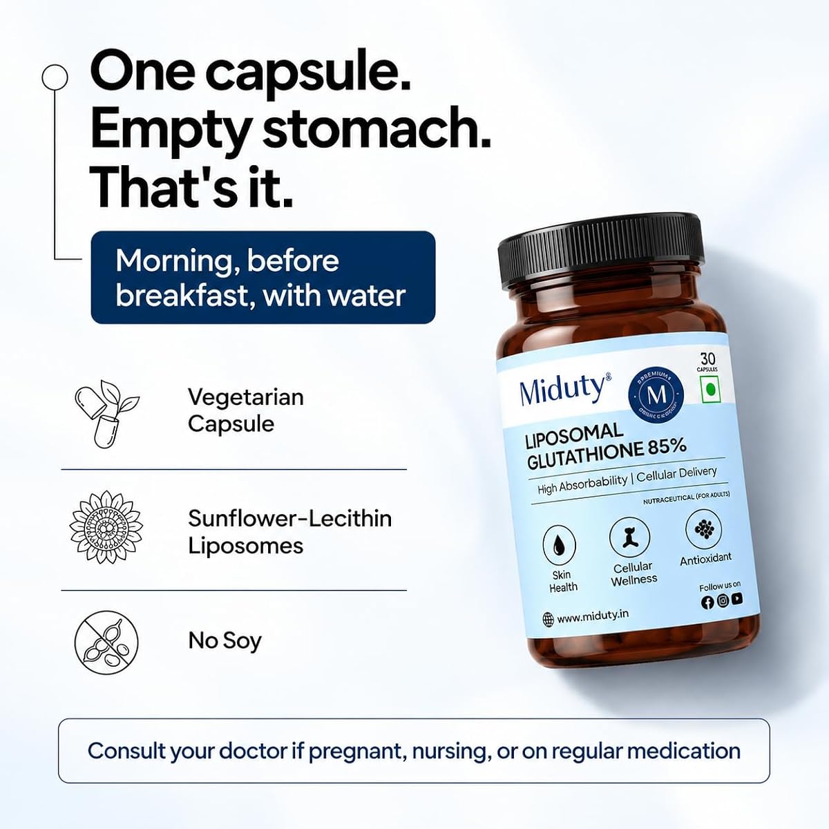Miduty Liposomal Glutathione Capsules - Advanced Nano-Formula, 600mg, 30 Veg Capsules