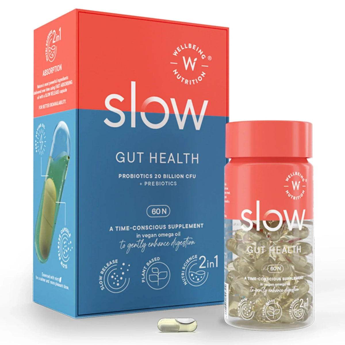 Wellbeing Nutrition Slow Gut Health Capsules, Probiotics, 60 Count