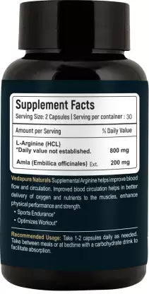 Vedapure naturals L-Arginine Nitric Oxide Booster Supplement For Energy - 60 capsules