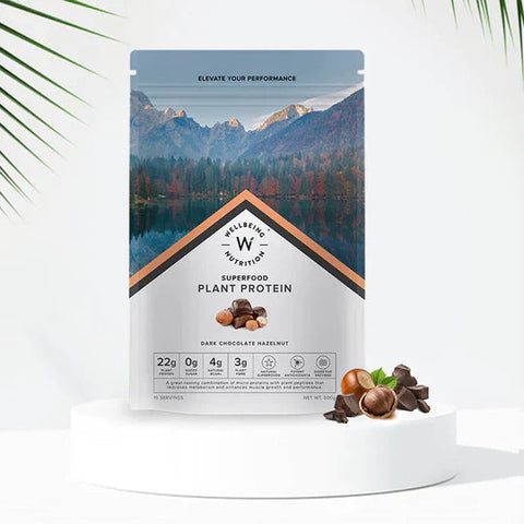 Wellbeing Nutrition Superfood Plant Protein Dark Chocolate Hazelnut with KUWA Bottle