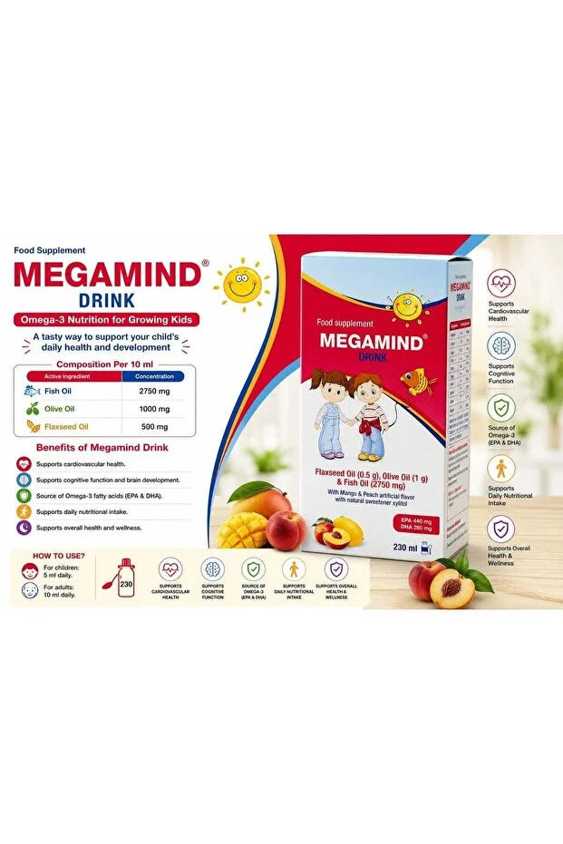 Sulinda Megamind Fish, Olive & Flaxseed Oil Syrup Mango Peach 230ml - Image 2