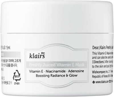 DearKlairs] Freshly Juiced Vitamin E Beauty Mask, 0.5 oz (15 ml), Moisturizer, Boost the Effect Vitamin C, Niacinamide, Adenosine, clear skin, antioxidant serum