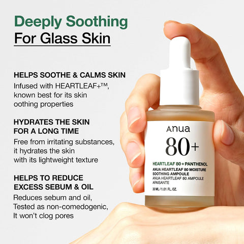 Anua Heartleaf 80 Soothing Ampoule, Hydration Facial Serum for Glass Skin, Panthenol, Hyaluronic Acid, Non-Greasy, Gentle Formula, Lightweight Essence, Vegan, Korean Skin Care, 30ml/1.01 fl.oz - Image 2
