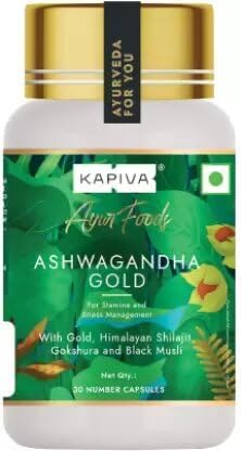 Kapiva Ashwagandha Gold Capsules, 183rd day harvested Potent Nagori Ashwagandha With Gold, Shilajit | Helps in Stress Management, Improve Energy and Stamina | For Men & Women (30 Capsules)