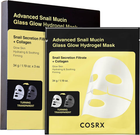 COSRX Advanced Snail Mucin Glass Glow Hydrogel Face Masks Skincare 3 EA, Collagen Face Mask, Travel Essentials, Overnight Face Mask, Korean Skin Care