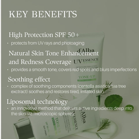 d'Alba Clean Tea Tree Liposome Tone-Up Sun Cream Tone Correction & Brightening in One, Lightweight Silky Finish, SPF50+ UV Protection, with Tea Tree & White Truffle for Redness & Dull Skin 50ml - Image 6