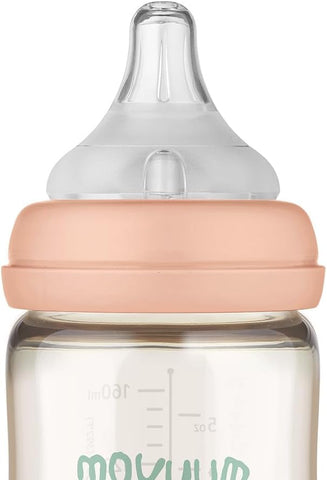 Moyuum PPSU All-in-One Feeding Baby Bottle with Nipple 170ml (0-3 months) - Anti Colic, BPA Free & Easy Clean Wide-Neck Non-Tip Stable Base - Dear Dear Edition - Coral Pink