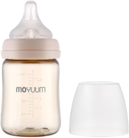 Moyuum PPSU All-in-One Feeding Baby Bottle with Nipple 270ml (+3 months) - Anti Colic, BPA Free & Easy Clean Wide-Neck Non-Tip Stable Base - Real Fit Nipple - Beige