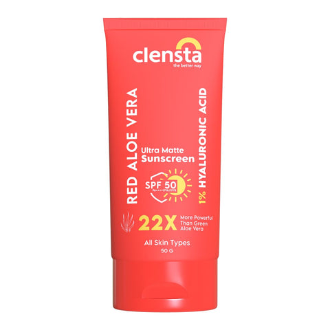 Ultimate Glow & Sun Defense :  Clensta Red Aloe Vera Daily Matte Sunscreen SPF50 50gm (CLP084) and PILGRIM Natural Vitamin C Face Serum 30 ml