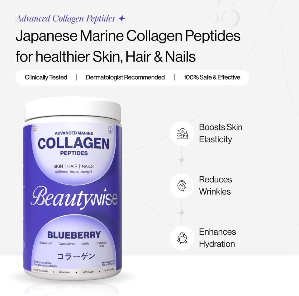 Beautywise Advanced Marine Collagen Proteins Powder with Hyaluronic Acid & Biotin - Blueberry, 250g - Image 2