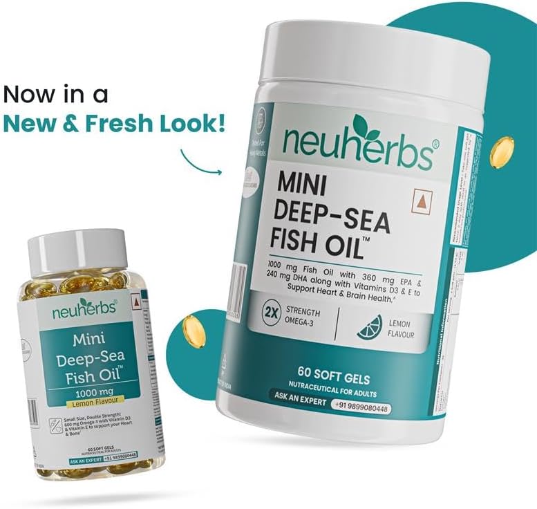 Neuherbs Mini Deep Sea Fish Oil Omega 3 with Lemon Flavour - 1000mg, 60 Softgels - Image 2