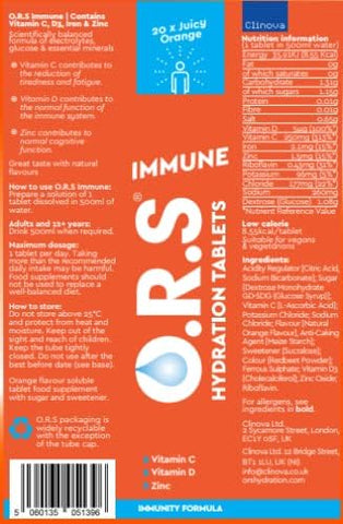 Ors Immune Tablets With Electrolytes, Vegan, Gluten And Lactose Free Formula - Juicy Orange Flavour 20'S