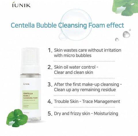 IUNIK Centella Bubble Foaming Vegan Facial Cleanser Extract, Soothing, Moisturizing, Exfoliating Whiteheads